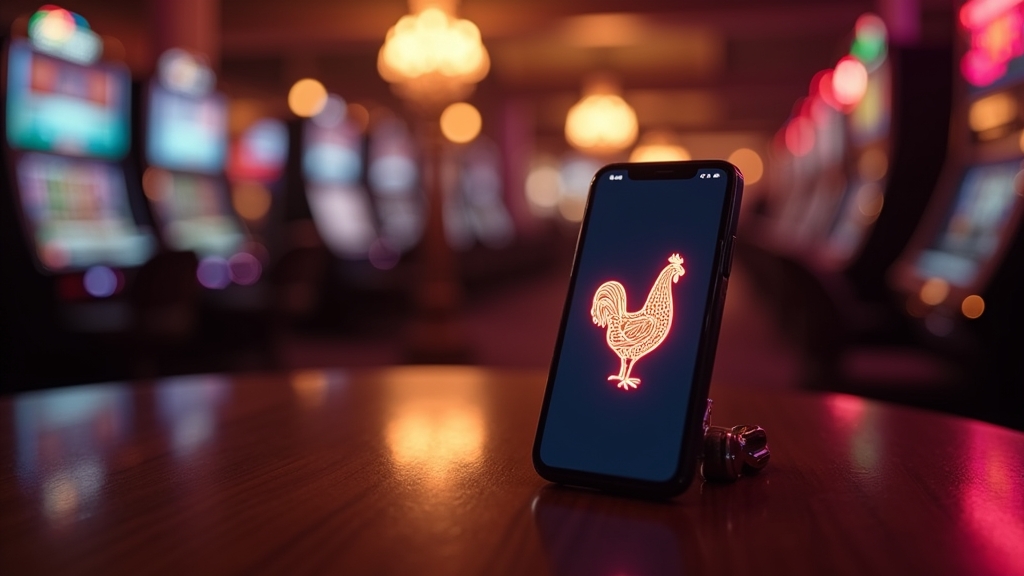 Telefon z mobilnym ekranem aplikacji i neonowym klimatem kasyna