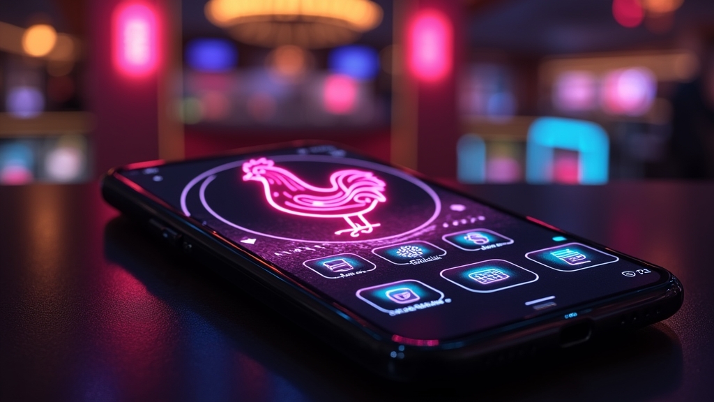 Widok aplikacji mobilnej z menu i przyciskami w neonowym stylu